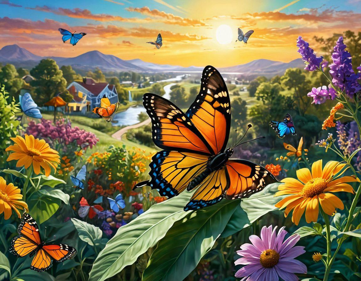 A serene journey depicting a butterfly emerging from a chrysalis, symbolizing transformation and hope. In the background, a vibrant landscape showcasing a balanced lifestyle with healthy foods, active individuals, and supportive community interactions. The scene embodies resilience and positivity, with warm sunlight illuminating the path to survivorship. super-realistic. vibrant colors. nature-inspired.