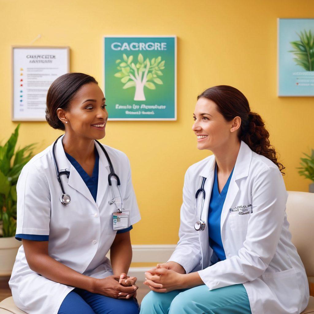 A compassionate healthcare provider discussing treatment options with a patient in a bright, inviting clinic. Include posters about cancer awareness on the wall and a comforting atmosphere with plants and warm lighting. Capture the emotion of hope and support, featuring a diverse patient and caregiver duo. super-realistic. vibrant colors. soft-focus background.